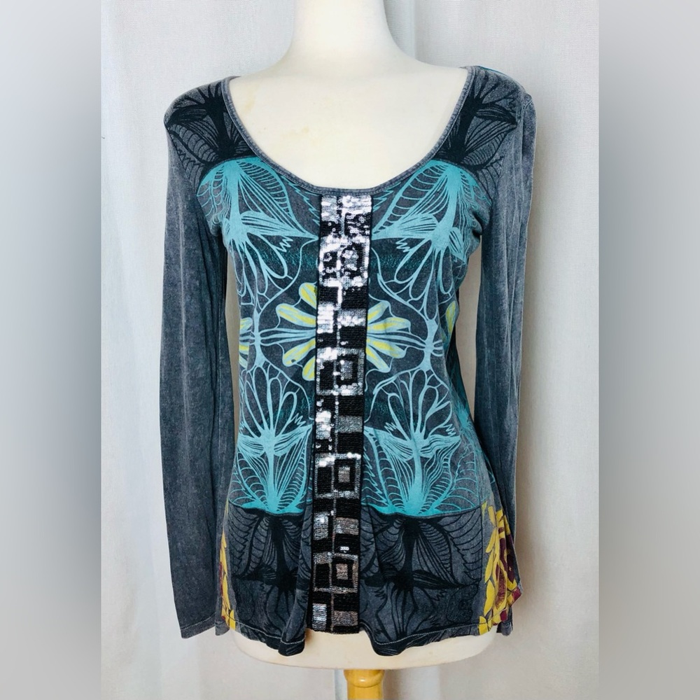 CUSTO BARCELONA Long Sleeve Shirt 90s Vintage Sequin Graphic Floral